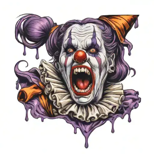 A Female Clown In A Purple And Orange Outfit Crying Tears Of Blood In A Fiery Hell Background