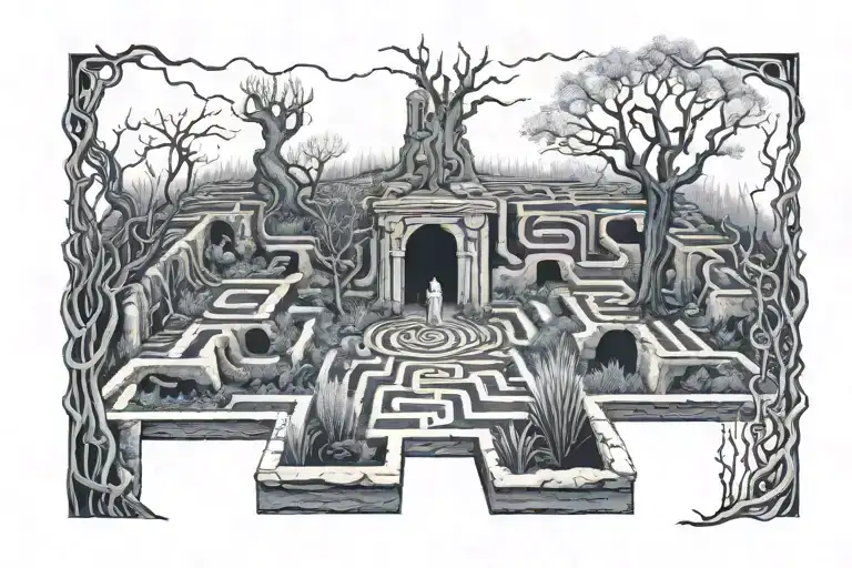 A Spooky Plant Labyrinth With Ghostly Figures Guiding The Way