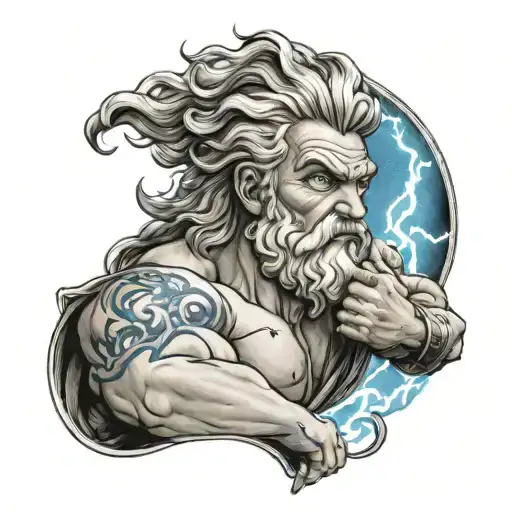 A Black And Gray Tattoo Traditional Zeus With Blue Eyes Holding A Blue Lightning Bolt