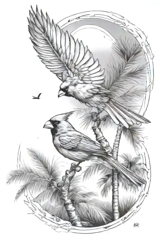 Cardinal Flying Toward Palm Tree