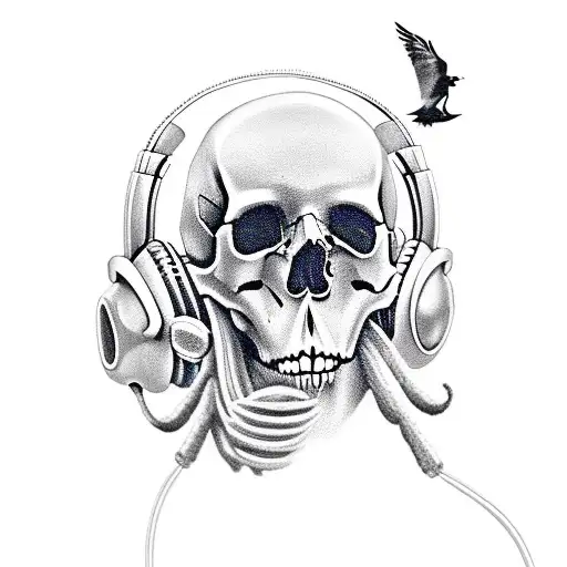 A Skull Wearing Headphones With A Crow Flying Out Of Its Mouth
