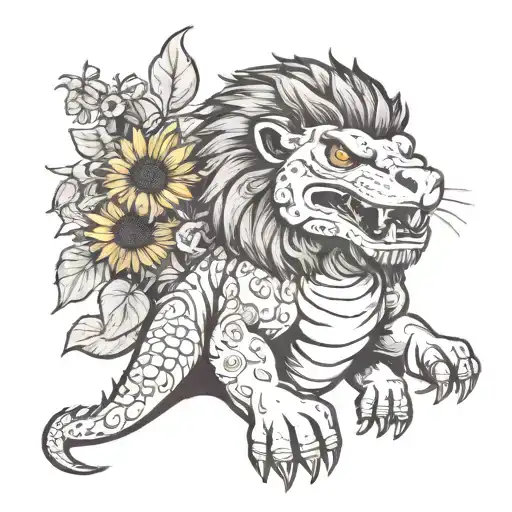 A Lion In A T-rex Outfit Playfully Interacting With Sunflowers In A Cartoon Style