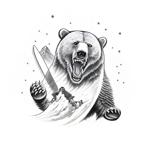 A Man Fighting A Bear With Sword And Mountains In The Background