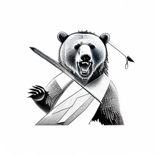 A Man Fighting A Bear With Sword And Mountains In The Background