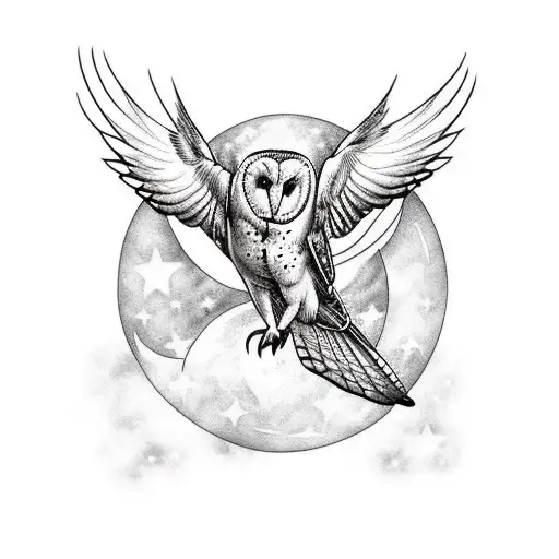 Barn Owl Flying With Moon And Stars In Background