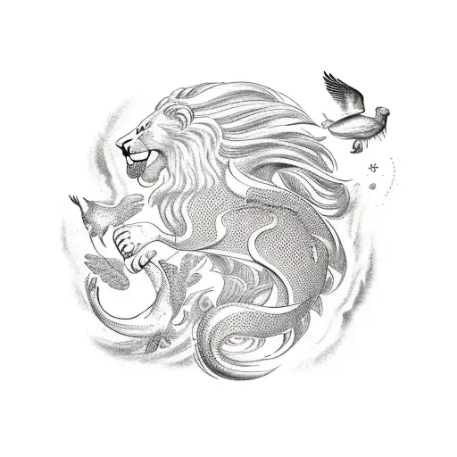 Lion In Background With White Doves Plus A Wave Underneath With A Fish Under The Wave And A Crab