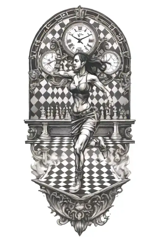Simulation Theory Woman Running Up A Chessboard With A Clock