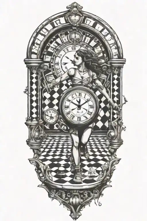 Simulation Theory Woman Running Up A Chessboard With A Clock