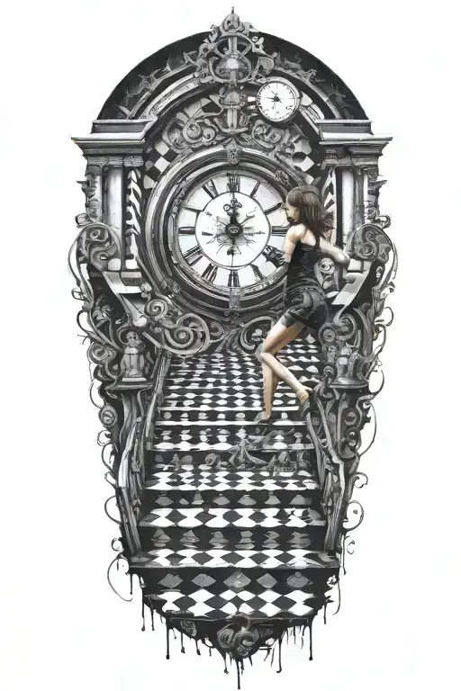 Simulation Theory Woman Running Up A Chessboard Staircase With A Clock