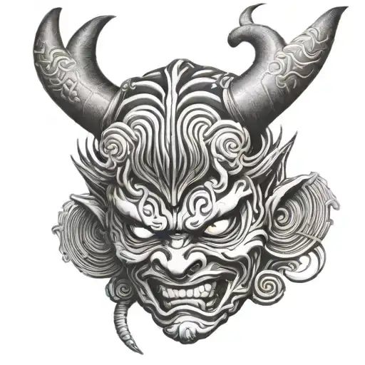 Japanese Oni Mask With Demon Woman Behind