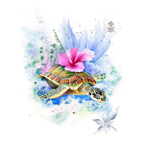 Turtle With Hibiscus Flower Watercolor