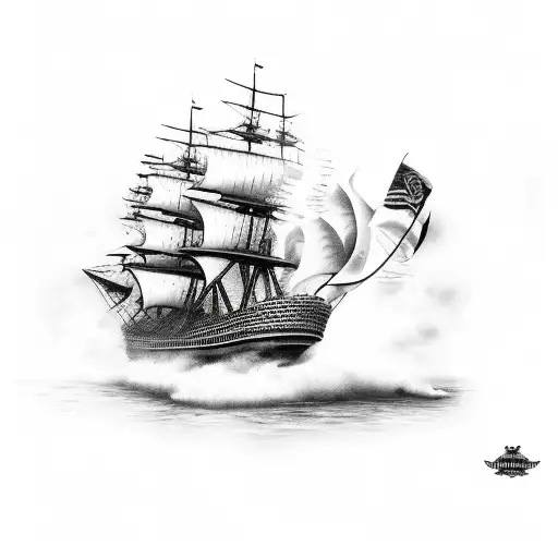 Ship On Fire With Black Flags