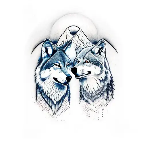 Wolf And Capricon In Front Of Mountain And Trees