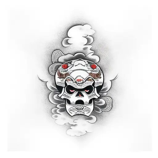 Japanese Skull With Koi Fish And Clouds
