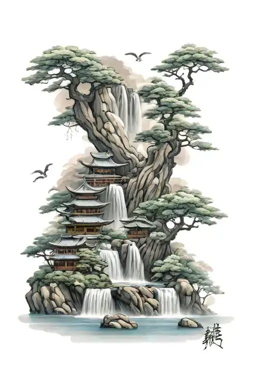 Japanese Style Trees And Waterfall With Small Dragon