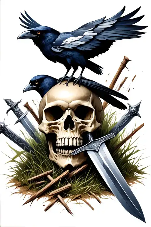 2 Ravens Perched Atop A Skull In A Field Of Broken Norse Swords