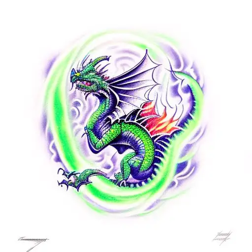 A Green Dragon With Flames And The Word Inferno