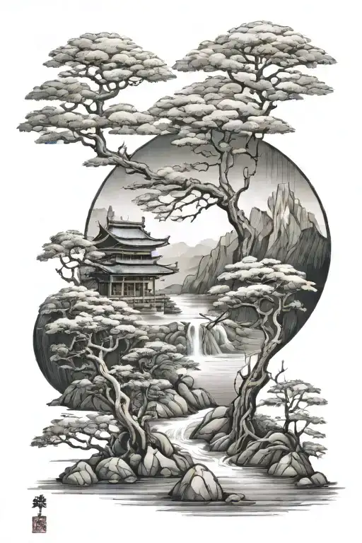 Japanese Trees And Water Labdscape