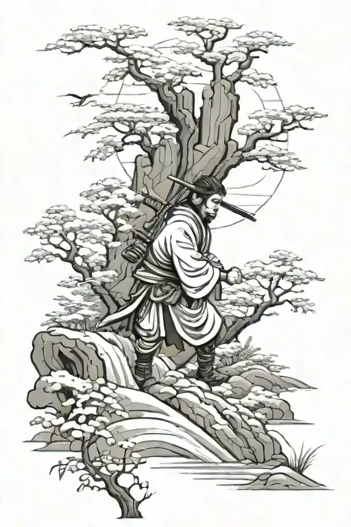 Japanese Style Landscape With Samurai