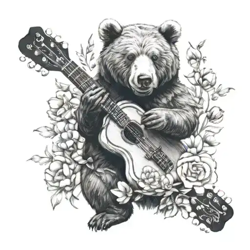 A Bear Playing A Guitar Surrounded By Flowers