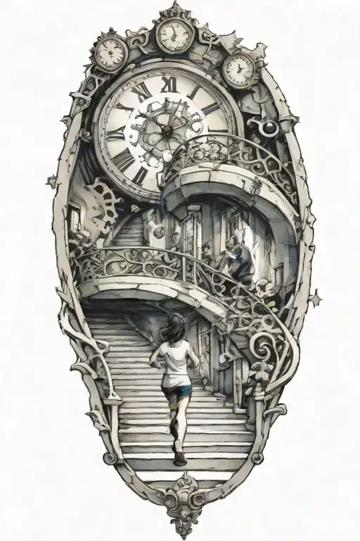 A Woman Running Up Stairs To A Clock As Shes Breaking Through A Video Game Barrier Into Reality