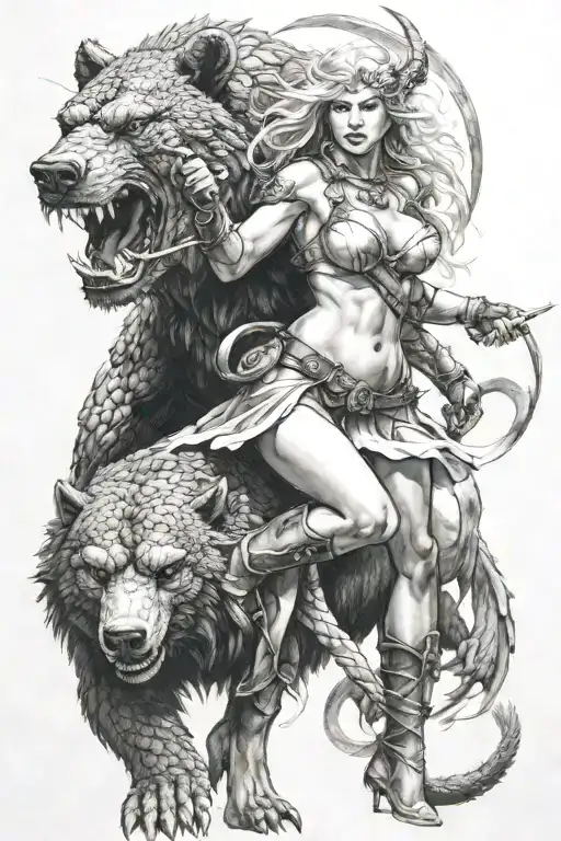 Sexy Valkyrie Wrapped By A Dragon That Is Fighting A Bear