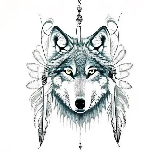 Male Wolf Inside Dream Catcher With Feathers
