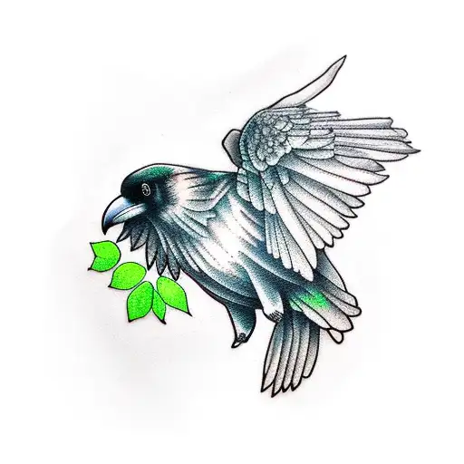 Raven Flying With Green Foliage