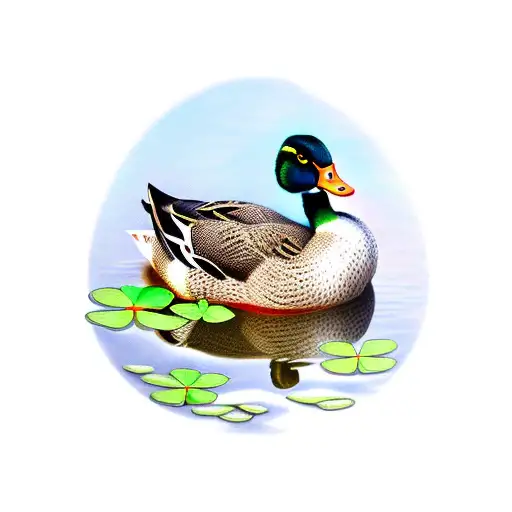 Duck In Pond By Lilypads Holding A Four Leaf Clover