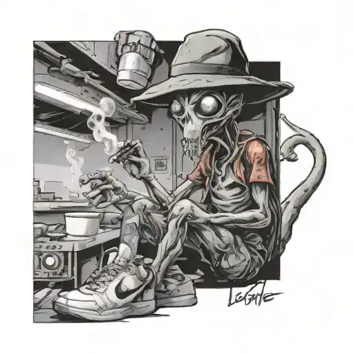 Alien Standing Smoking A Joint With Supreme Hat Lacoste Shirt Bogner Shorts And Nike Tn Shoes