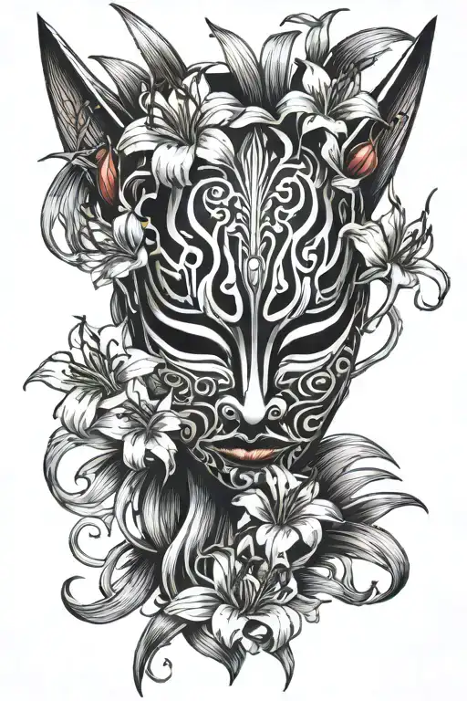 Japanese Mask With Lycoris And Smooth Lines Of Black And Red