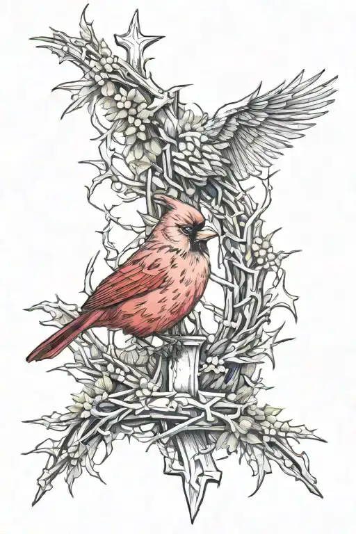 Cardinal Surrounding Cross Of Thorns Wrapped