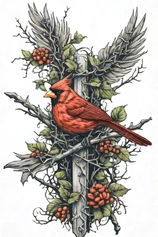 Cardinal Surrounding Cross Of Thorns Wrapped