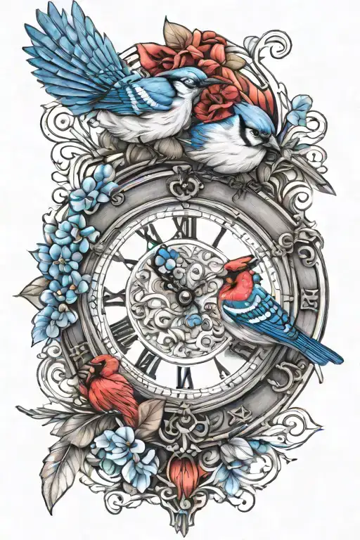 Clock Face And Blue Jay And Red Cardinal