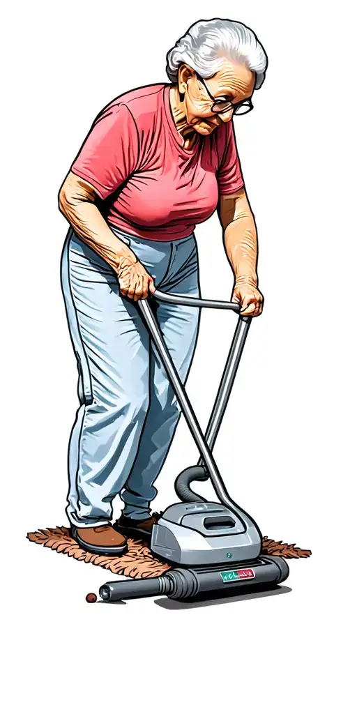 Grandma Lifting Rug To Vacuum
