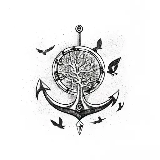 Broken Watch Anchor And Black Tree With Birds Comming Out