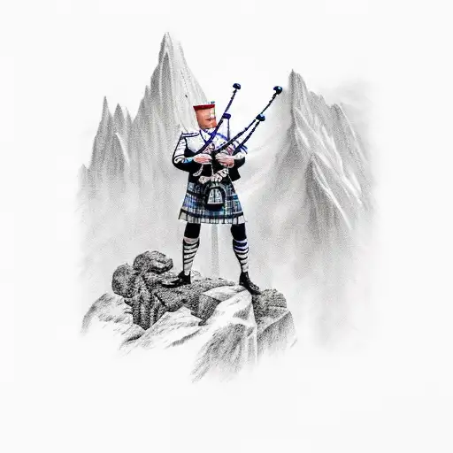 A Realistic Portrait Of A Russian Pilot Playing Bagpipes In Front Of A Mountain Landscape