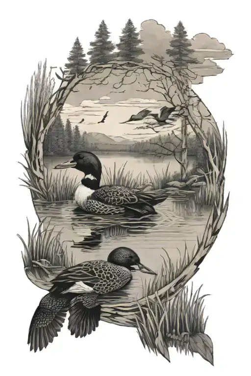 Loons On A Lake With Nature Background And Sky