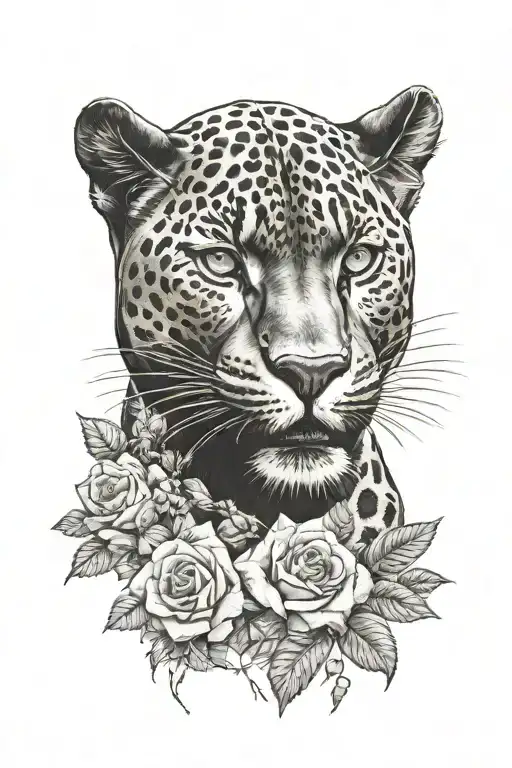 Black Panther With Jaguar Tattoo With Roses
