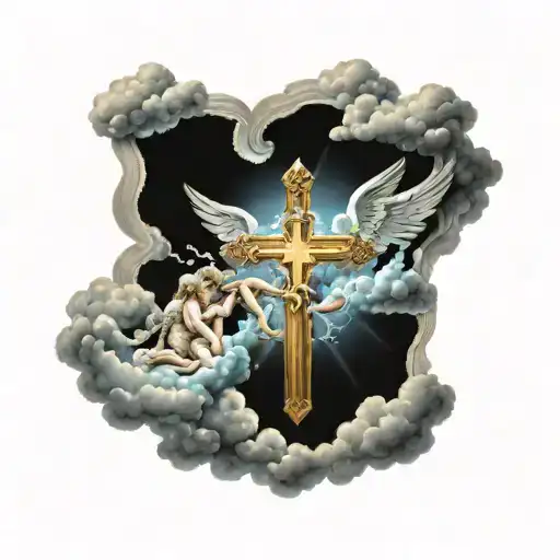 Glowing Cross Surrounded By Cherub Angels Laying On Rainy Clouds