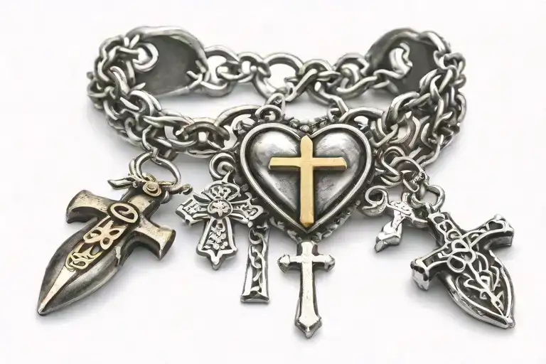 Heart Cross And Bullet Charms On Beautiful Bracelet