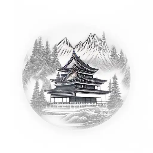 Katana On A Katana Stand In Front Of A Tempel With Mountains And Trees