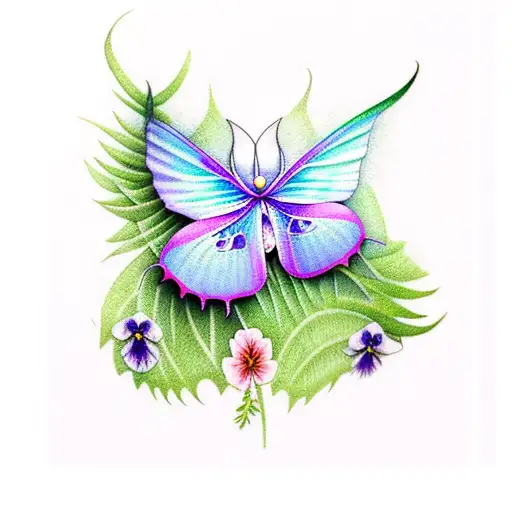 Luna Moth With Ferns And Pansies