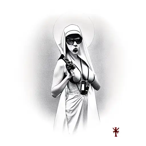 Sexy Nun With Cleavage Smoking Cigarette Holding Gun