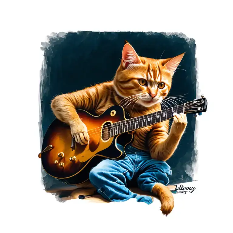 Ginger Cat Playing A Guitar