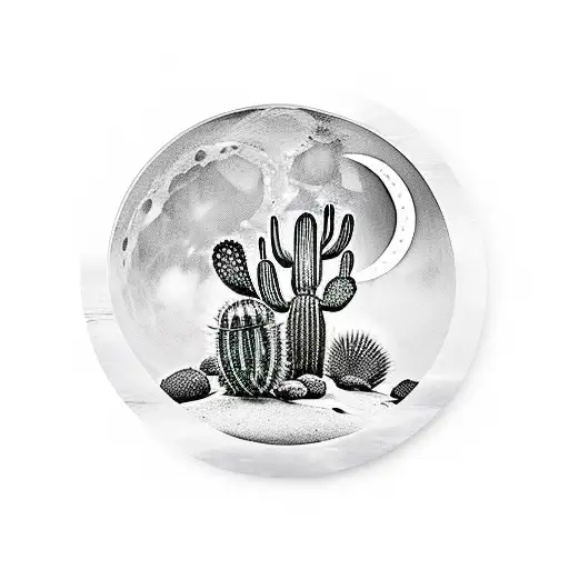 Round Framed Photo Of Cactus In Desert With Moon