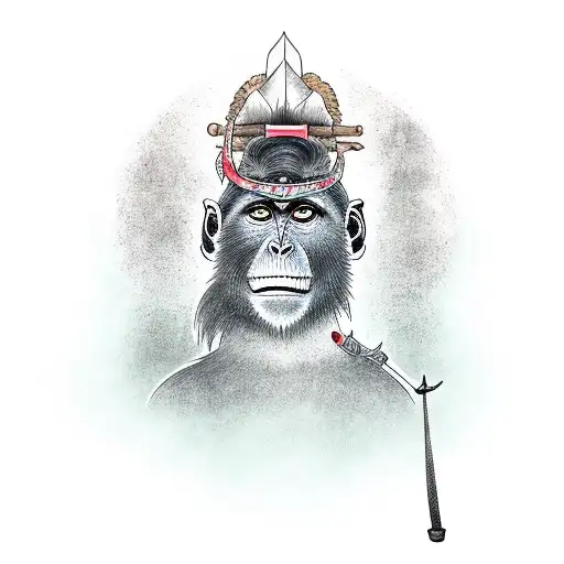 A Samurai Monkey In A Meditation Session With A Sword Stuck In The Ground Behind Him