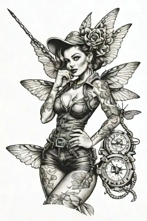 Sexy Rosie The Rivetter Pinup Girl With Anchor Tattoo And Dragonfly Wings