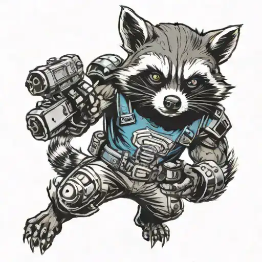 A Comic Book Style Design Of A Raccoon Superhero Fighting Evil Robots