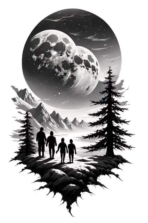 Mountain Landscape And Father And Three Children And Giant Moon